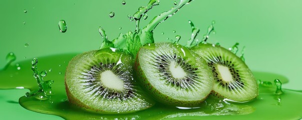Fresh kiwi slices splashing in vibrant green liquid, conveying a juicy, refreshing atmosphere with a focus on healthy fruit.