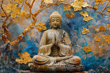 Obraz premium Beautiful greeting card with ancient statue great Buddha to bright holiday composition