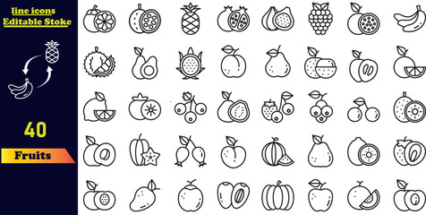 Fruits stroke icon set including apple, banana, strawberry, orange, watermelon, coconut, avocado, and lemon. Outline icon collection with editable strokes.