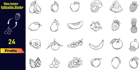 Fruits stroke icon set including apple, banana, strawberry, orange, watermelon, coconut, avocado, and lemon. Outline icon collection with editable strokes.
