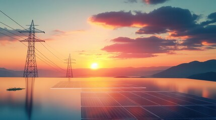 Solar panels with electricity pylon and sunset. Clean energy concept. power alternative