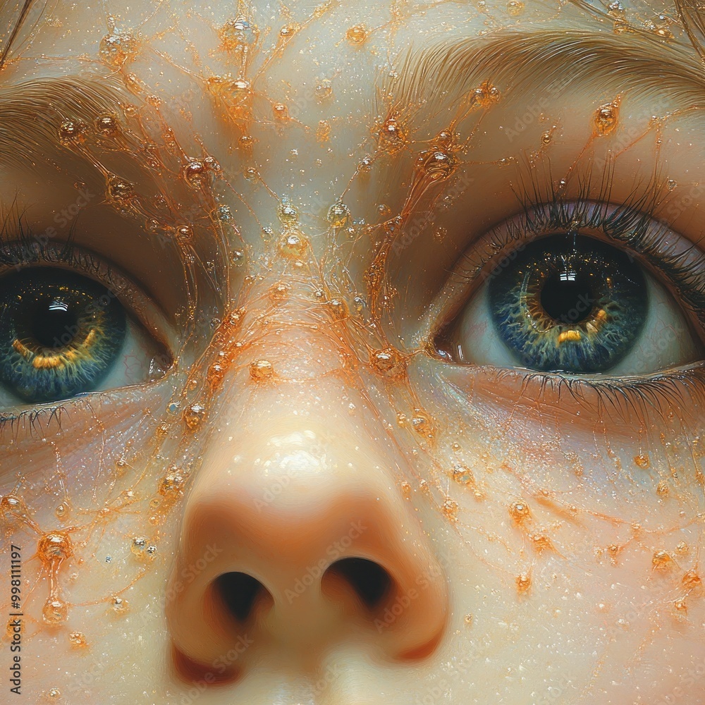 Sticker Close-up of a person's face with golden particles and water droplets, looking directly at the camera.