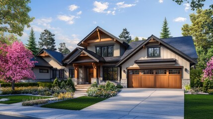 Stunning craftsman style home with a three car garage, elegant wooden doors, surrounded by vibrant spring landscaping.
