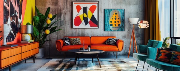 A post-modern living room with angular furniture, bold graphic art, and vibrant color contrasts