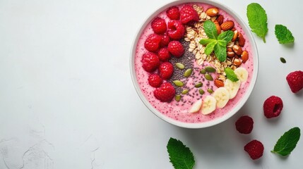 A vibrant smoothie bowl topped with fresh raspberries, banana slices, mint leaves, nuts, and seeds, perfect for a healthy breakfast or snack.