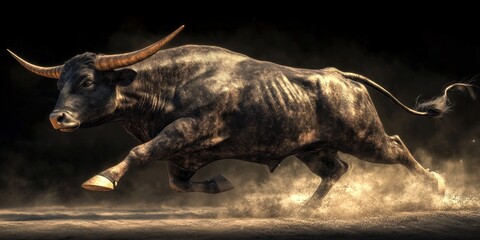 A powerful bull charges through a cloud of dust. Its muscular body showcases strength and grace. This image captures the energy and spirit of the animal in motion. AI