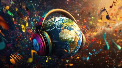 The Earth, adorned with colorful headphones, is surrounded by music notes and symbols, depicting...