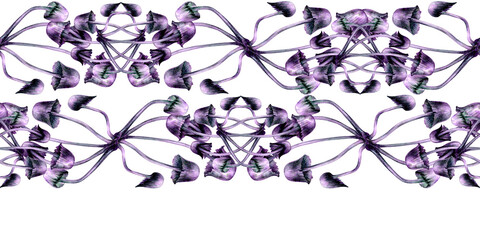 Seamless horizontal border with poisonous purple toadstools on green background. Watercolor illustration template for esoteric, witchcraft, Halloween: invitations, menus, advertising, cards, postcards © el_suhova