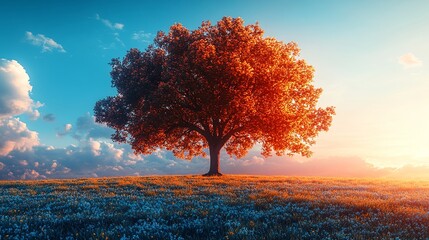 Fototapeta premium A solitary tree with orange leaves stands tall amidst a field of delicate blue wildflowers, illuminated by the warm glow of a setting sun.
