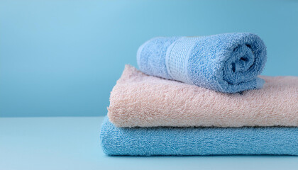 Stack of towels against pastel blue background. Home laundry. Housekeeping concept.