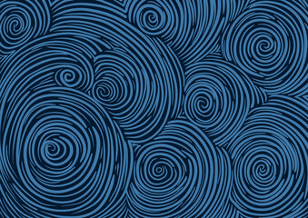 Blue waves colored line spiral doodle art background