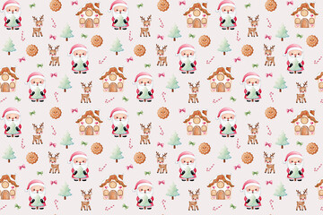 Cute Christmas Seamless Pattern with Santa Claus, Reindeer, and Gingerbread Houses