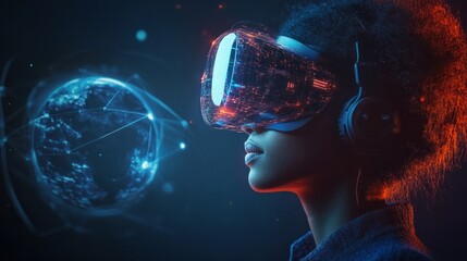 Naklejka premium woman look up portrait in vr glasses hologram, glowing virtual headset with connection, earth sphere and lines.