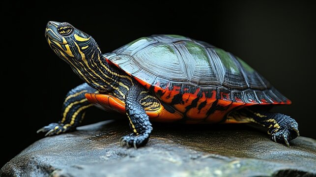 A vibrant, patterned turtle perched atop a weathered rock, its shell reflecting the ambient light, revealing a captivating mosaic of colors and textures.
