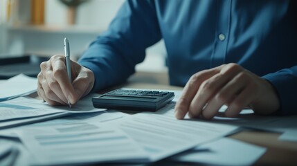 Fototapeta premium Close up view of an accountant's hands working on financial papers with a calculator, pen, and computer on a desk, symbolizing financial analysis and tax preparation