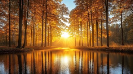 Obraz premium Golden Rays Illuminate a Serene Forest River Reflecting the Warmth of a Sun-Kissed Autumn Morning