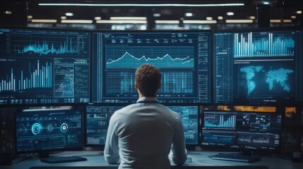 Rear view of analyst studying multiple screens displaying global market data, charts, and analytics in a high tech control room environment