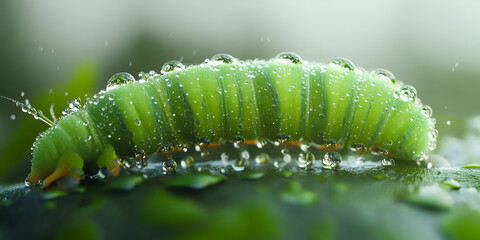 Naklejka premium Dew-Covered Caterpillar on a Leaf
