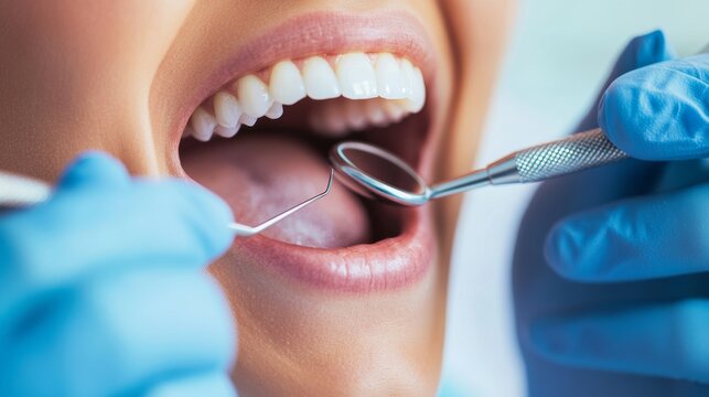 Close up of a dental examination showing dentist's hands with tools examining patient's teeth, highlighting professional oral care and hygiene