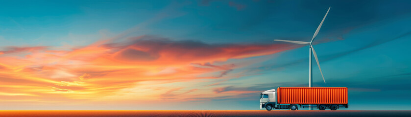 Fototapeta premium Semi Truck Under Wind Turbine at Sunset