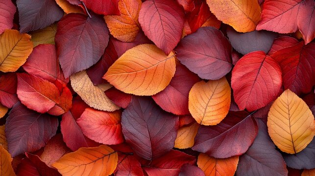 A vibrant tapestry of autumn leaves, each showcasing a unique blend of crimson, amber, and burnt orange hues, as they gracefully settle into a harmonious display of nature's artistry.