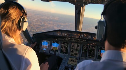 A flight instructor guides a student pilot inside a cockpit, focusing on controls and navigation