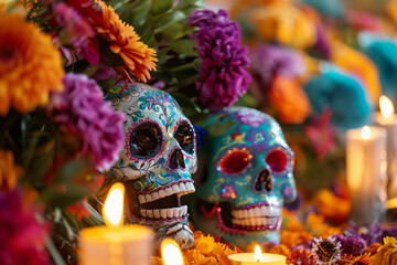 Fototapeta premium Beautiful greeting card with bright holiday composition for happy to joy celebrate dia de muertos