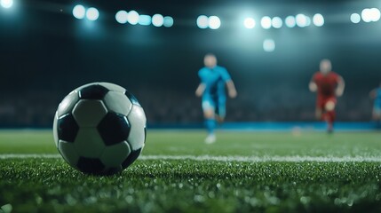 Two soccer players in blue and red jerseys competing on a well lit football field during a night match showcasing the intensity and excitement of the sport