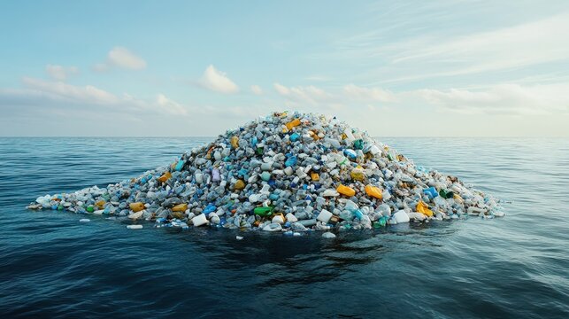 A large pile of plastic waste is floating in the ocean
