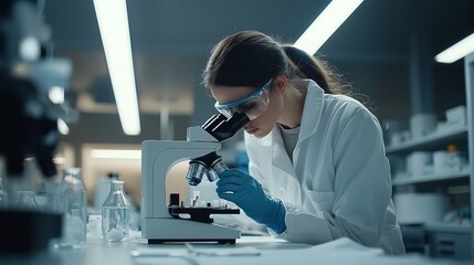 Focused female scientist in white lab coat examining samples under microscope in modern well equipped laboratory setting  Concept of medical research scientific discovery and academic study