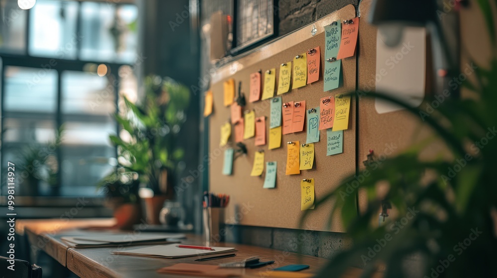 Poster a scrum board with sticky notes representing user stories, tasks, and progress, showcasing the visua