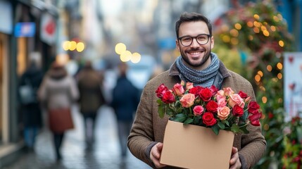 Fototapeta premium Happy French Gentleman Holding Gift Bouquet of Flowers on City Street