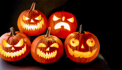 Fototapeta premium Halloween background, pumpkins for halloween with scary faces glowing on black night, scary pumpkins