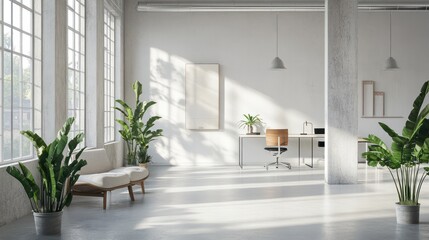 a scrum team workspace in an office, white walls, concrete surfaces, modern furniture