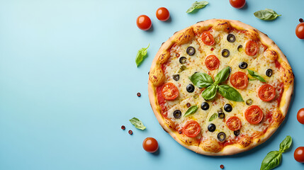 pizza with tomatoes, Tasty pizza with olives, tomatoes and basil on blue background.
