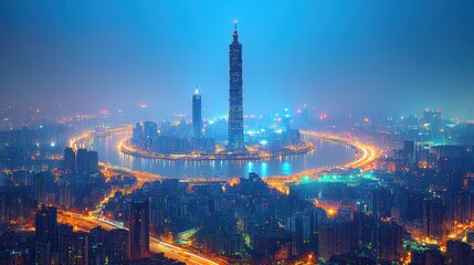 Glowing City Lights: Urban Night Scenery with Skyscrapers and Car Light Trails