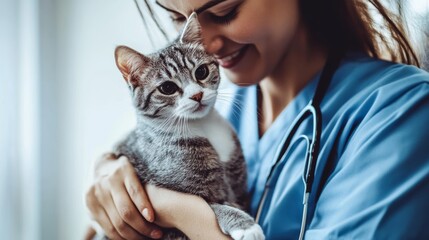 Female veterinarian in blue scrubs gently holding a young tabby kitten, showcasing professional animal care and the bond between healthcare providers and pets