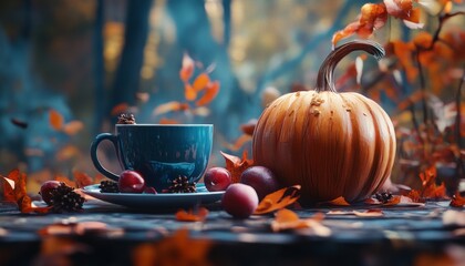Collection of Autumn-Themed Items Including Pumpkins, Apples, and Fall Leaves Creating a Cozy Setting