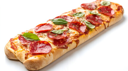 pizza isolated, Pizza baguette with salami and white background.
