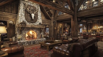 A rustic hunting lodge living room with a large stone fireplace, heavy wooden beams, and leather seating