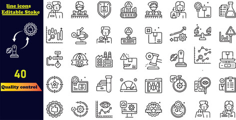 Quality control line icon collection featuring editable strokes. This set includes icons representing quality, evaluation, improvement, processes, approval, results, and customer feedback 