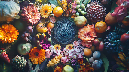 coral reef in aquarium, Madala with flowers and fruits, ceremony of earth.