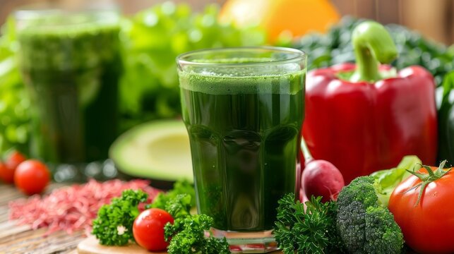 A glass of green juice is on a table with a variety of vegetables including broc