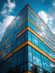 Obraz premium Towering Modern Skyscraper in Contrast with Cloudy Sky - Architectural Scale and Design | Sony A7R IV Wide-Angle Photography