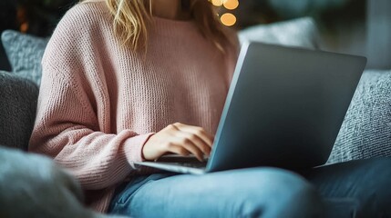 A young woman in a comfortable casual outfit sits on a couch working on her laptop in a cozy stylish living room setting  She appears focused and productive