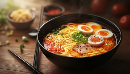Ramen Bowl Photorealistic with Broth, Egg, Vegetables in Authentic Setting