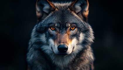 Obraz premium Majestic Wolf with Intense Orange Eyes Staring Directly at Camera