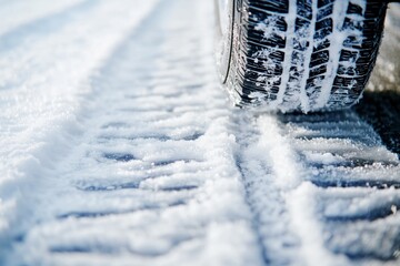 car tire on snow-covered road with winter tread pattern, highlighting tracks, safety, and traction in challenging frozen driving conditions