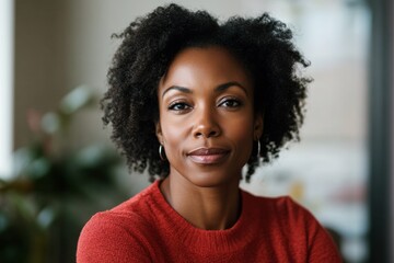 confident african american woman in her 50s with natural curly hair and calm expression, wearing a red sweater, capturing beauty, maturity, and empowerment