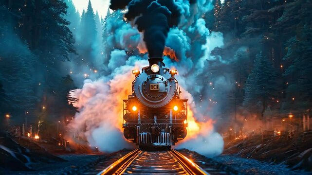 A train is moving down the tracks with smoke and sparks flying out of the front. The train is surrounded by a dark, smoky atmosphere, giving the impression of a fiery, dangerous scene